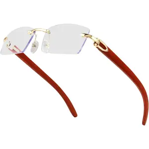 Rimless Rectangle Sunglasses for Men Women Hip-hop Wood Small Square Sunglasses Frameless 70s 90s Shades