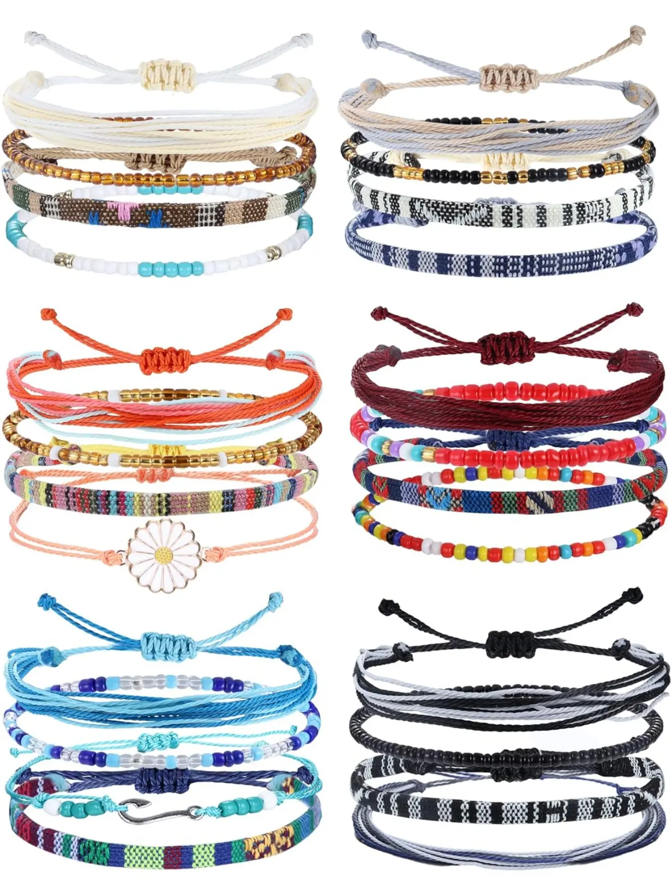 24 Pieces Waterproof String Bracelets for Women Surfer Wave Boho Style Bracelet Adjustable Handmade Friendship Bracelet String Ocean Beach Boho Bracelets Anklets for Women Bohemian Bracelets