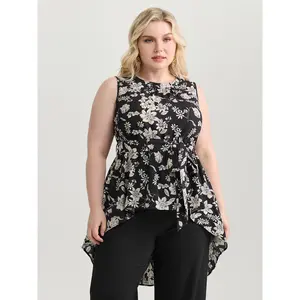 BLOOMCHIC Women's Plus Size Sleeveless Monochrome Floral Print High-Low Hem Blouse - Polyester Smooth Fabric Top with Flattering Fit [M-6X] Flower Womenswear 2026 Summer Vibes