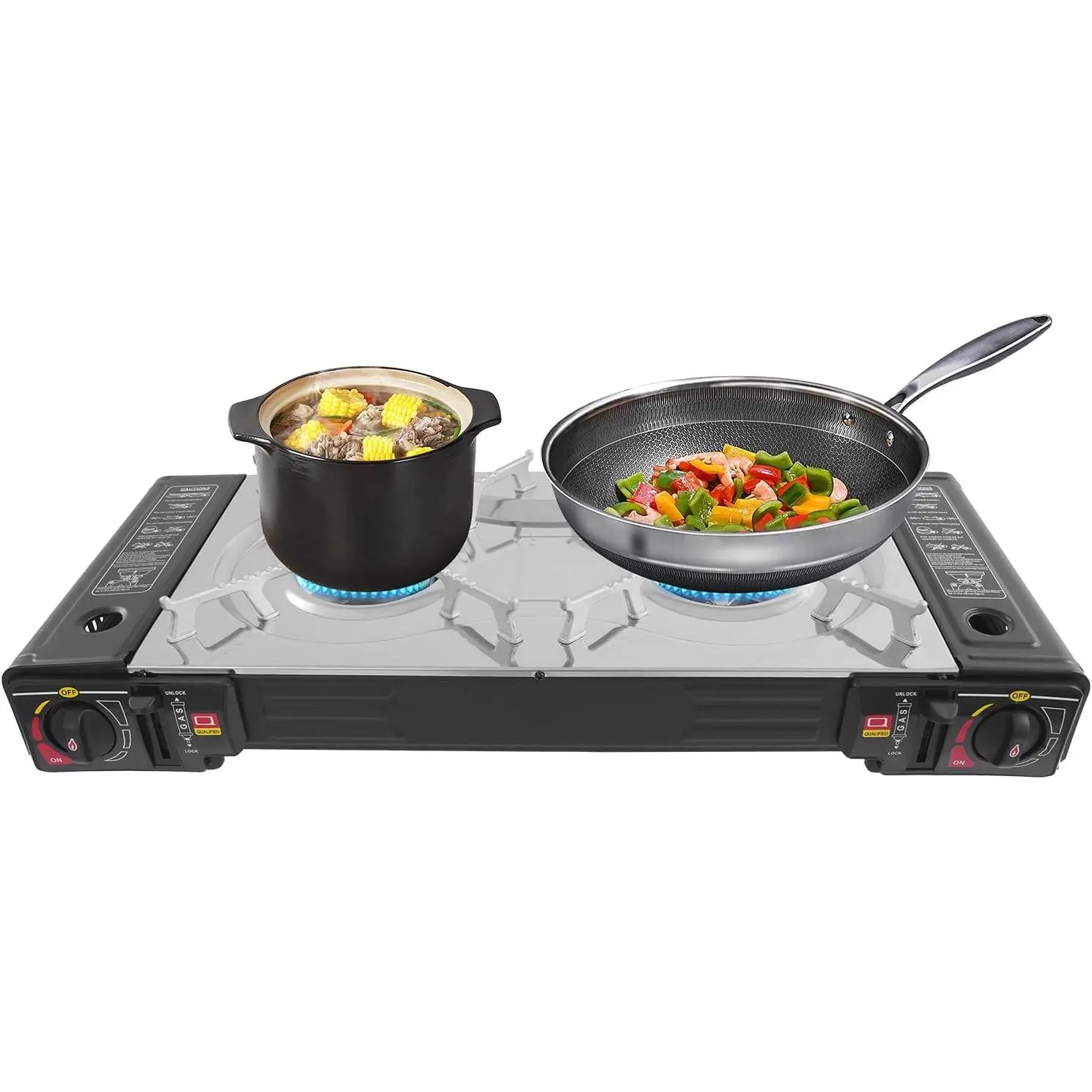 2-Burner Butane Stove, Portable Camping Stove with Grill Tray, Automatic Ignition, Outdoor Travel Camp Stove with Carry Case & Push-Button for Camping Tailgating (With Grill Tray-B)