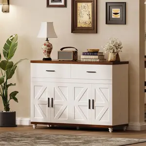 IRONCK 47.2" Sideboard Buffet Cabinet, Kitchen Storage Cabinet with 2 Drawers & Doors, Farmhouse White Cabinet with Storage for Living Room Dining Room