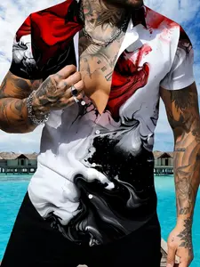 Men's Trendy Printed Tropical Short Sleeve Shirt, Ink Art Pattern Design Fashion Top, Summer Casual Men's Clothing