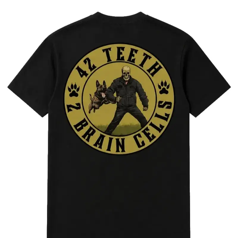 Tactical K9 T-Shirt – "42 Teeth 2 Brain Cells" Belgian Malinois Skull Handler Graphic Tee, Premium Black Cotton Military Apparel, Gift for K9 Officers, Dog Trainers & Working Dog Lovers, Menswear Top Streetwear Casual