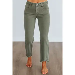 Women's Neona Risen Straight Jeans, Dark Olive, Spandex Bottom with Zipper