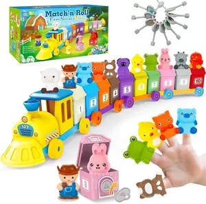 Montessori Toys for Toddlers 1–3, Farm Animal Train Set with Counting, Matching & Sorting Activities, Includes 9 Barns, 10 Finger Puppets & Stickers – Educational Christmas Gift for Kids, Baby Boys & Girls