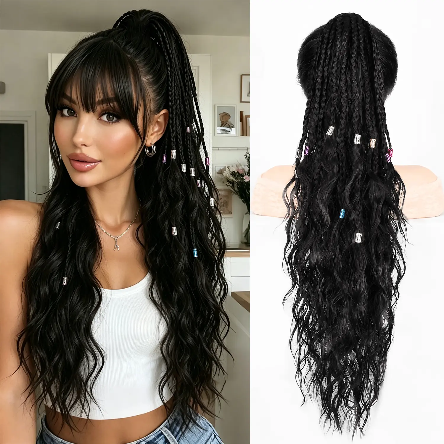Ponytail Extension Claw Clip Ponytail Extensions Long Wave Black Ponytail Extensions for Women Fluffy Natural Synthetic 30 Inch Hairpiece for Daily Use