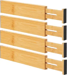 Adjustable Natural Bamboo Drawer Dividers Organizers 4-Pack, Expandable Drawer Separators for Clothes Kitchen Dresser Bedroom Bathroom Office, 12-17 IN