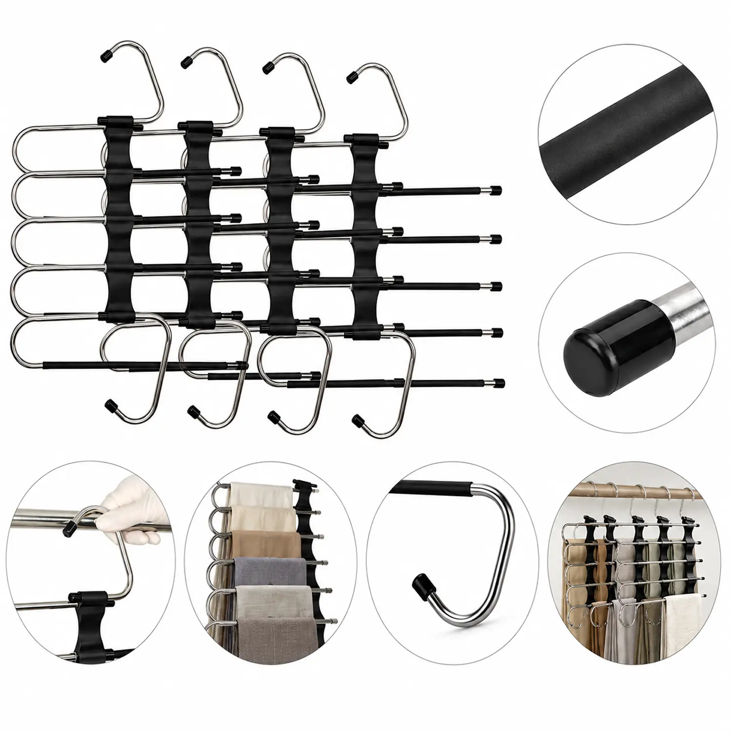 4 Pack 5 Tier Pants Hangers Space Saving Closet Organizer Heavy Duty Stainless Steel Jeans Hanger with 20 Clips for Trousers Leggings Scarves Closet Storage Black
