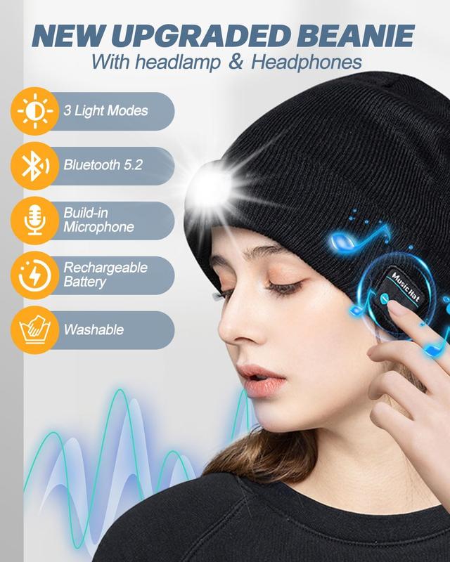 Bluetooth-enabled knitted hat with lights, unisex, USB rechargeable, 4 LED flashlights, comes with wireless earphones, a unique Christmas and birthday gift, suitable for men, husbands, and teenagers, outdoor activity headband, lightweight and breathable f
