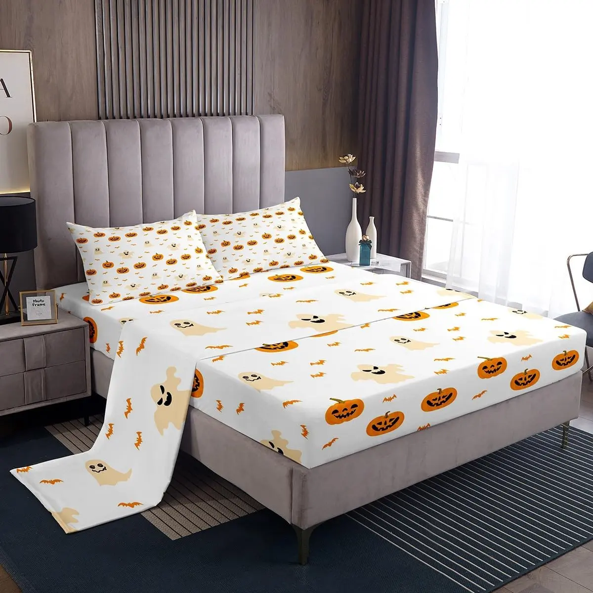 Feelyou Kids Halloween Modern Print Bedsheet Sets - Breathable Microfibre Soft Fabric Queen Bedding, Cute Ghost Deep-Pockets Fitted Sheet, Boys Room Decor Linens, Machine Washable