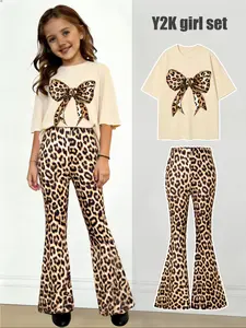 【Two-piece set】Girls' Fashion Leopard Print Sweet and Cool Set, Casual Leopard Print Bowknot Printed T-shirt + Leopard Print Flared Pants, Retro Style Two-piece Set for Toddlers, Kids and Pre-teens, Suitable for Spring, Autumn, Summer and Winter.
