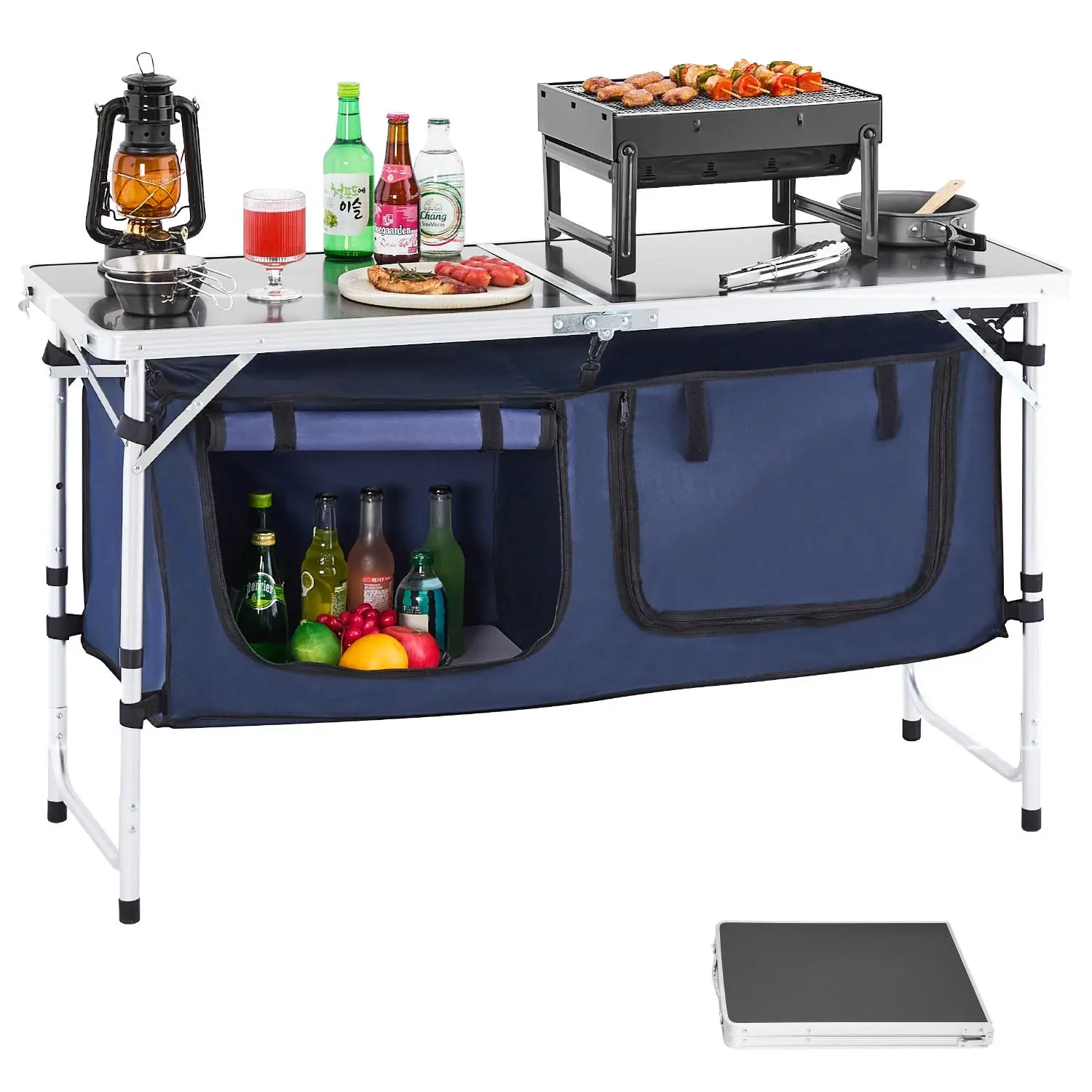 【SummerFinds】VEVOR Camping Kitchen Table,  Folding Outdoor Cooking Table, 3 Adjustable Height, Aluminum Lightweight Portable Cook Station with Storage Organizer, Carry Handle, for BBQ Party Picnic RV Travel, Blue