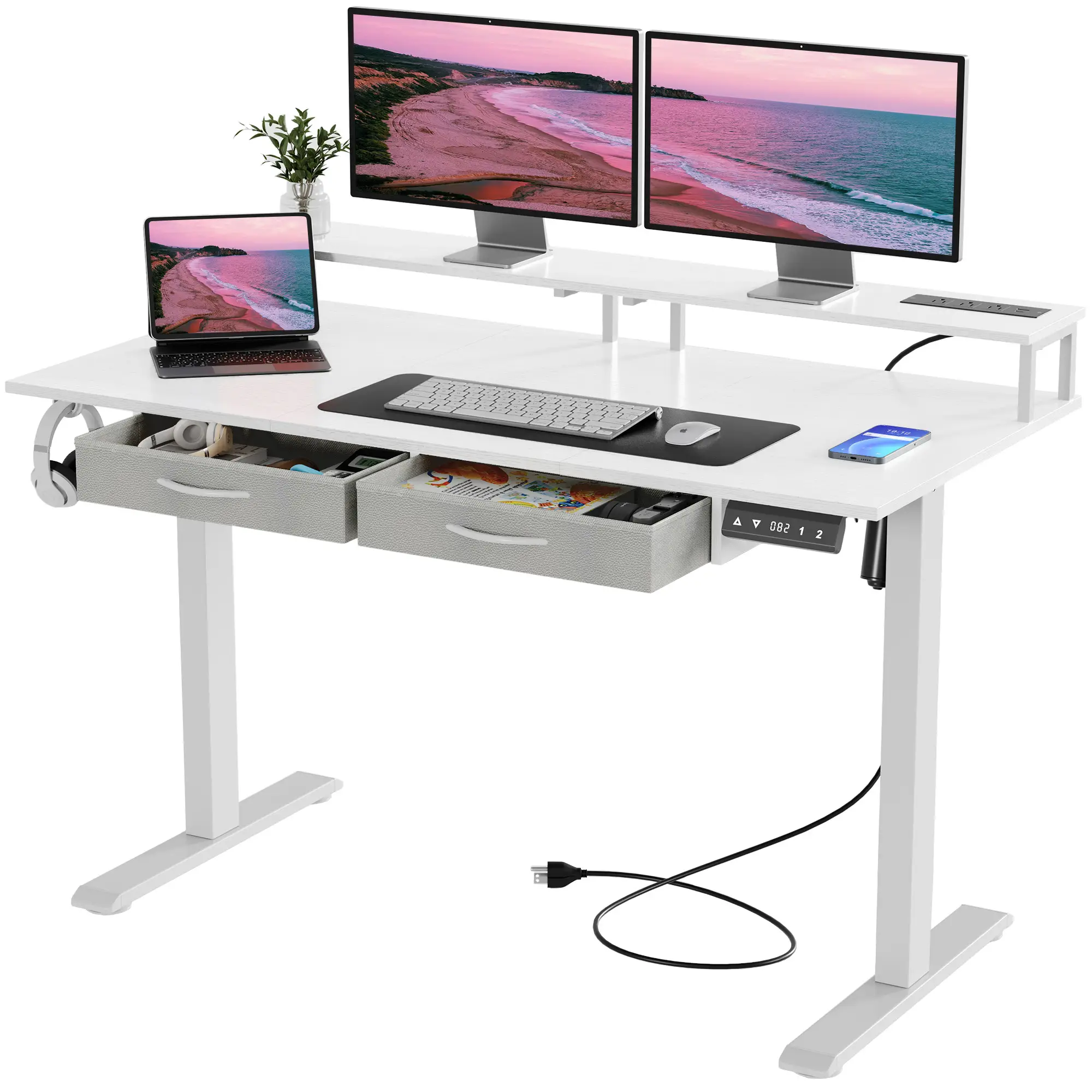 Mr IRONSTONE Standing Desk with Drawers & Power Outlets, Electric Gaming Desk with Monitor Stand, Adjustable Height, Ergonomic Adjustable Desk with Me
