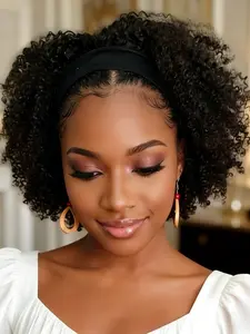 10 Inches Headband Wig Human Hair Kinky Curly 180% Density, Glueless Wigs for Women, Natural Color, Perfect for Daily Use