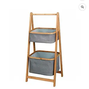 Shelf 2-Tier Bamboo Laundry Hamper Foldable Collapsible Small Ladder Organizer Towel Rack Wooden Laundry Sorter With 2 Cloth Baskets For Bathroom Laundry Room