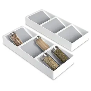 3 Section Plastic Spice Rack Drawer - Set Of 2 - Non-Slip Lining And Feet - Bpa Free - Seasoning Jars, Makeup Storage, Countertop Tray, 3 Tier - Pantry Kitchen Organizer - White With Gray