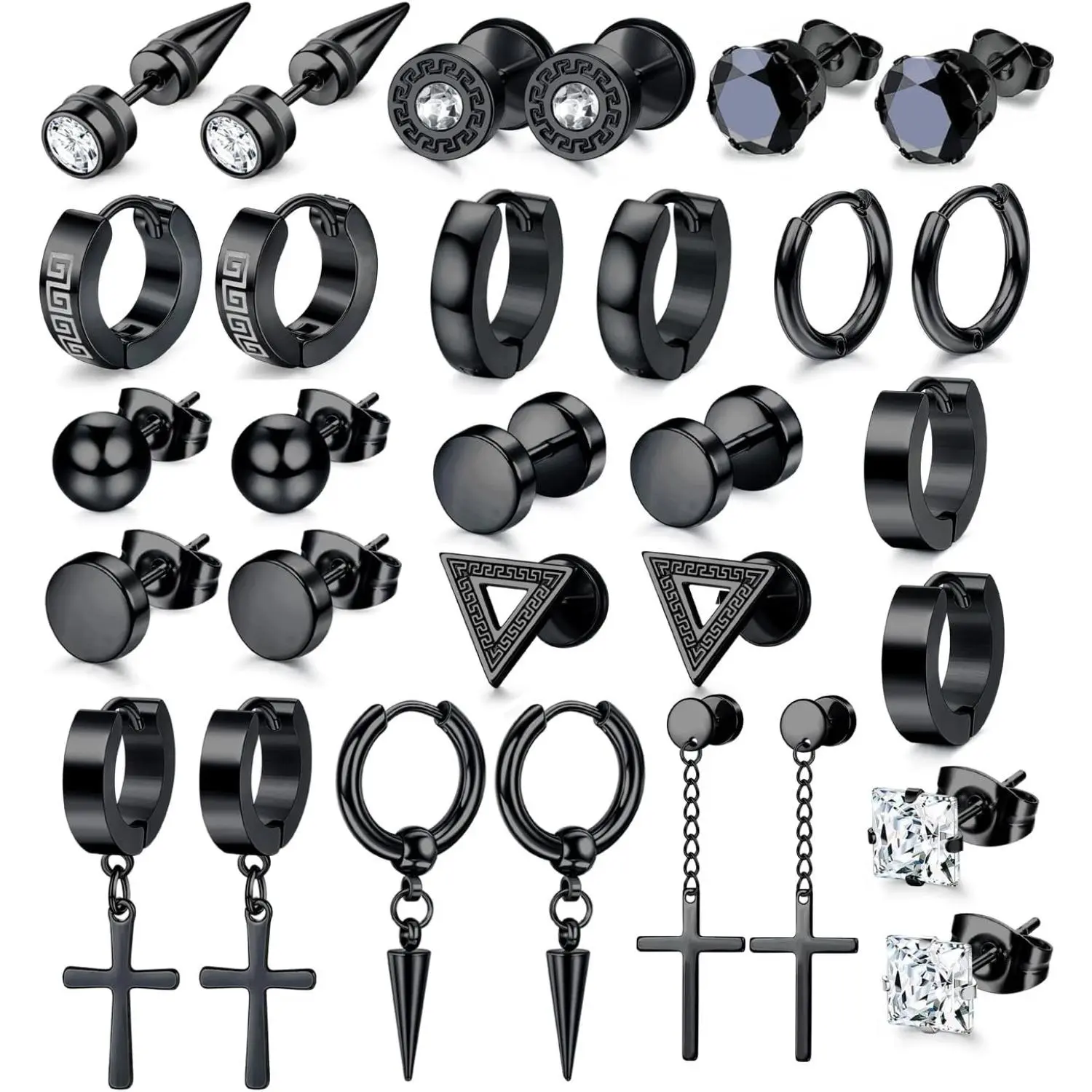YADOCA Men's 15 Pair Hypoallergenic Jewelry Earrings Set Stainless Steel Solid Metal, Silver/Black Studs, Silver Effect Zirconia Hoops, Dangles, Cross, Beads, Unisex, Comfortable Secure, All Season Daily Gift for Brother/Father Birthday