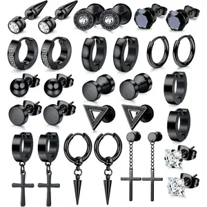 YADOCA 15Pairs Mens Earrings - Stainless Steel Silver Black Stud, Zirconia Hoop & Dangle Earrings Set - Hypoallergenic for Men & Women