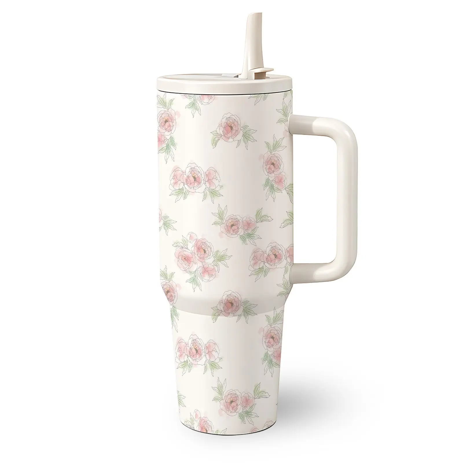 1 Pc 40 Oz Stainless Steel Water Cup with Handle and Straw, Tumbler, Watercolor Floral Bouquet with Green Leaves Design, Double Wall Insulated Thermal Mug, Hot 12H/ Cold 24H, Perfect Mother's Day, Birthday and Holiday Gift for Friends and Family