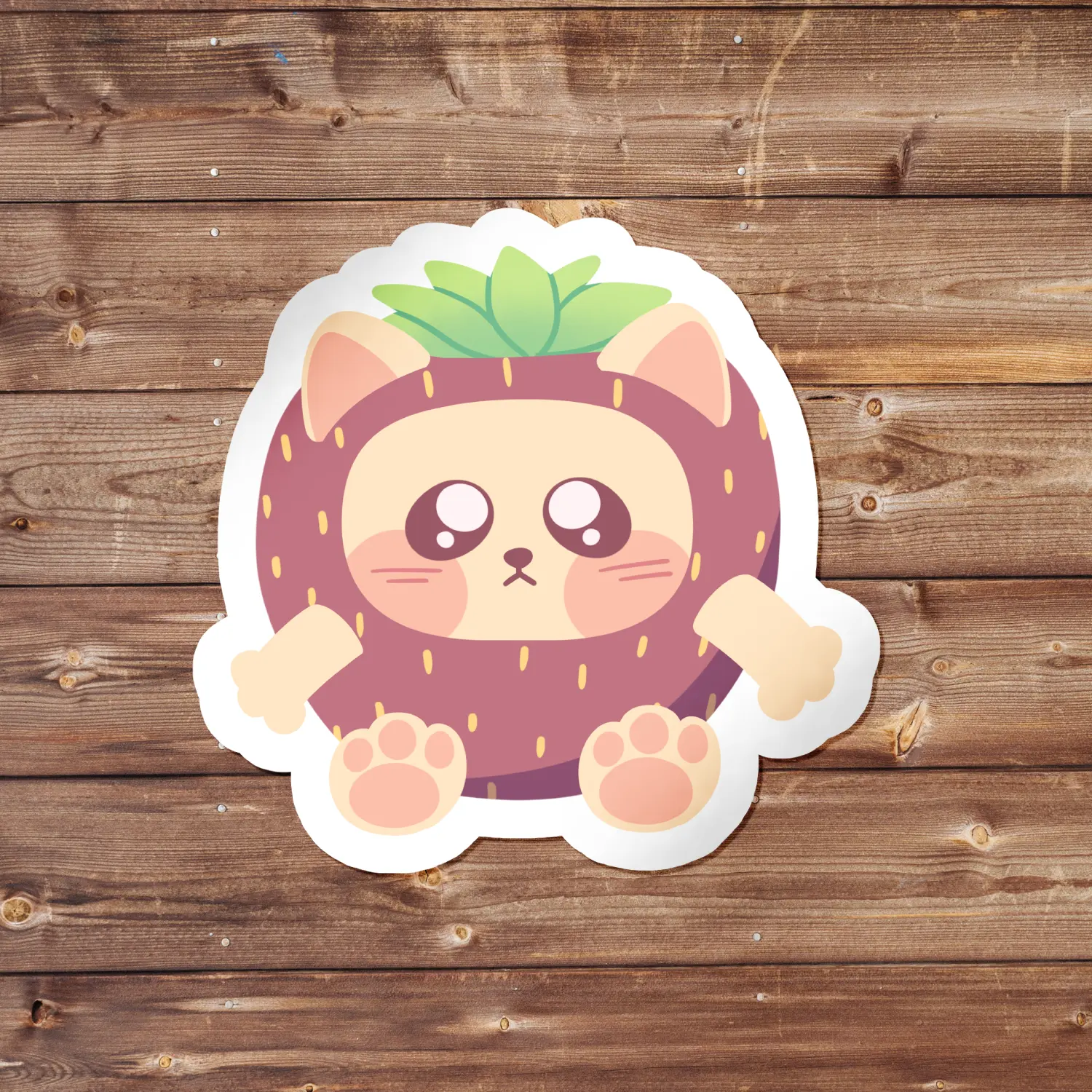 Silly Strawberry Cat Vinyl Sticker – Hilarious Meme Decal for Cars, Laptops, Kindles, Tumblers – UV-Resistant, Weatherproof