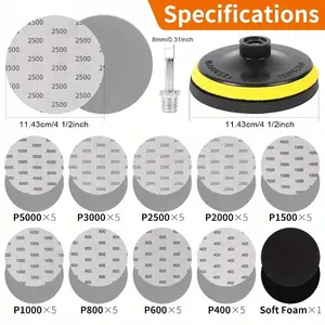 45 PCS 5-inch Wet and Dry Sandpaper Set (with Hook Back Pad) Electric Sanding Suction Cup Hand Drill Polishing Disc Self-adhesive Brushed Sheet Round Sanding Tray (with 5/8-11 Drill Bit), Suitable for Wood, Metal, Car Polishing Polish