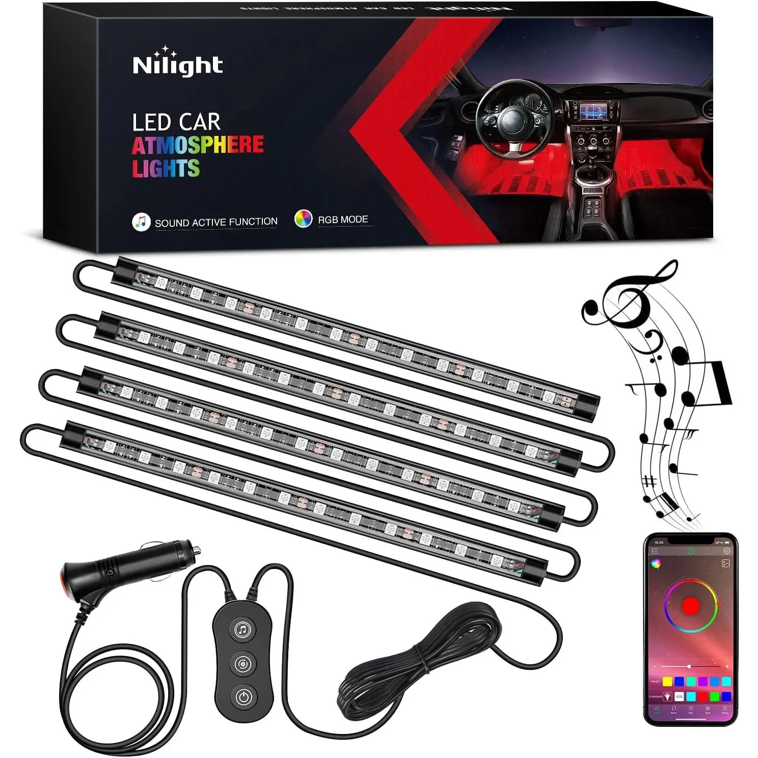 Nilight Multicolor RGB LED Strip Kit - 4-Pack 9in LED Chips Backlight Kit Neon Spots & Bars, App & Manual Controller, Waterproof, Music Sync, Adhesive Mount, Universal for Cars, Trucks