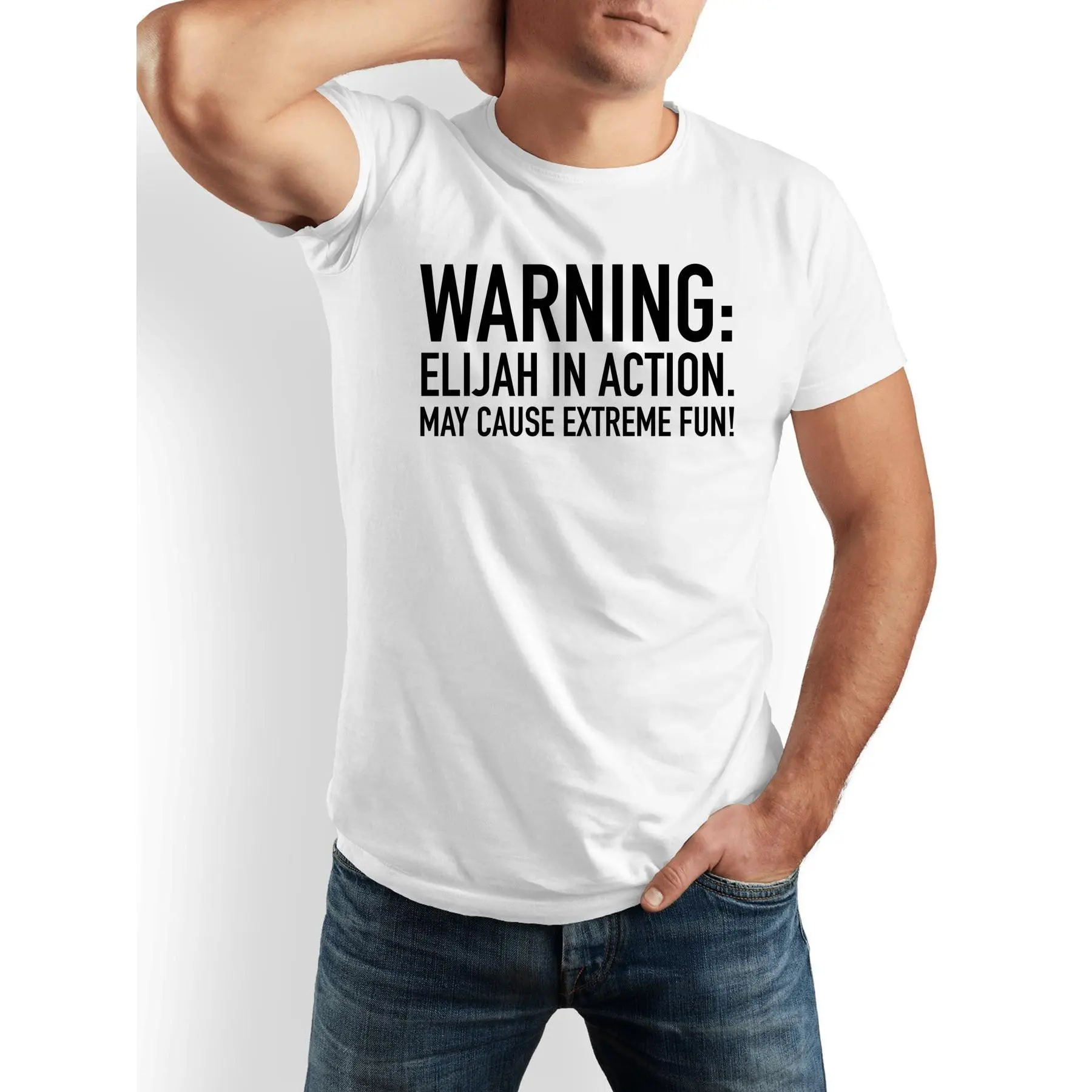 Menswear Funny Warning Elijah in Action Graphic T-Shirt - Bold White Text Humor Top, Round Neck, Short-Sleeve, Unisex Soft Casual Streetwear Crewneck Tshirt