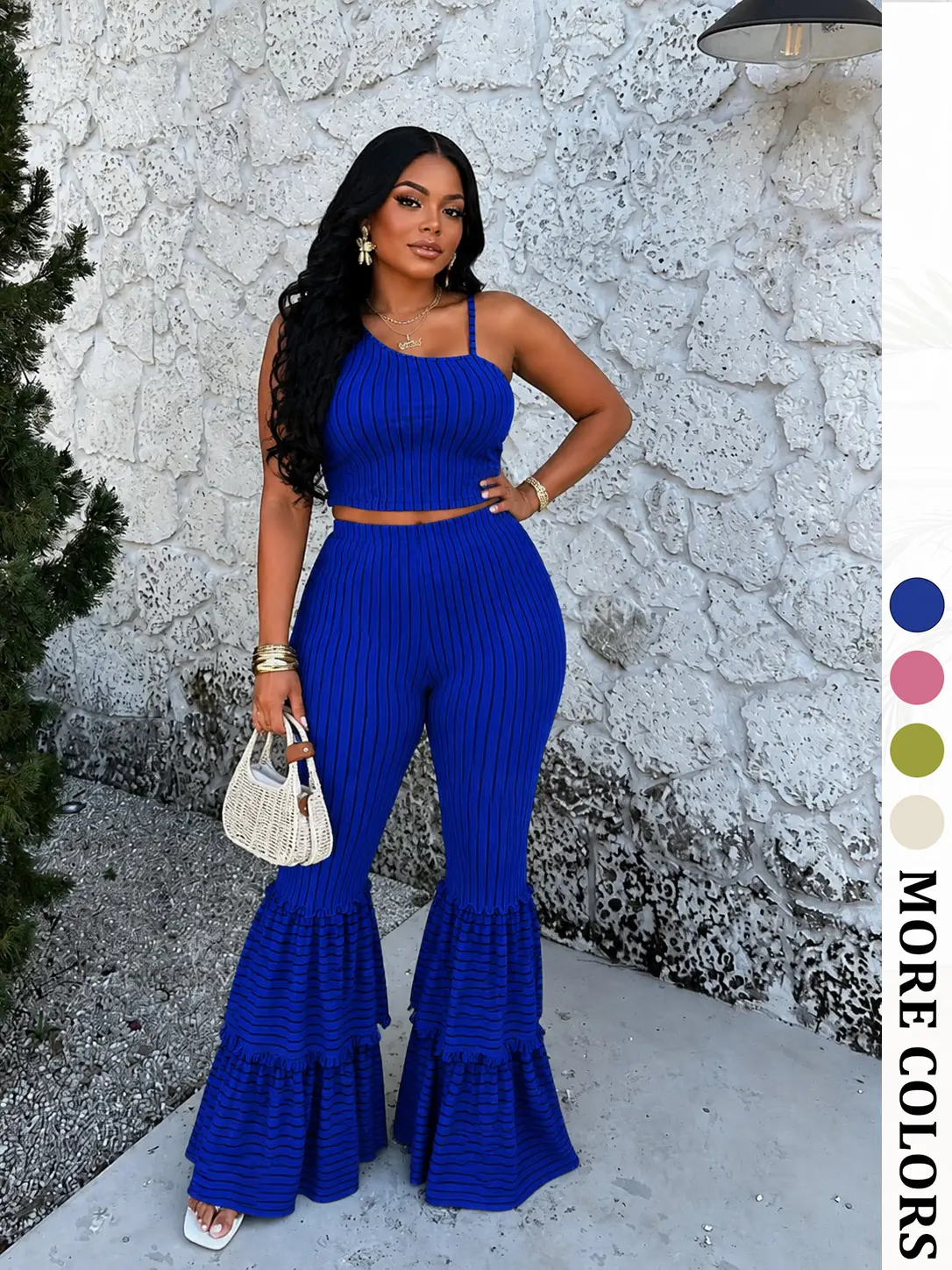Women's 2-Piece Striped Coordinates Set - Chic, Lightweight, Basic, Comfortable Sleeveless Cropped Top with High-Waisted Double-Layer Ruffle Flare Pants for Summer Vacation, Going Out, Short, Women's 2 Piece Set