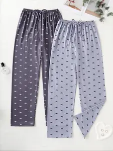 Women's Soft Bowknot Wide-Leg Pants, Loose-Fitting Casual Chic Home Wear Loungewear, Fall Season Comfortable Pajama Sleepwear, 2-Pack Long Pants