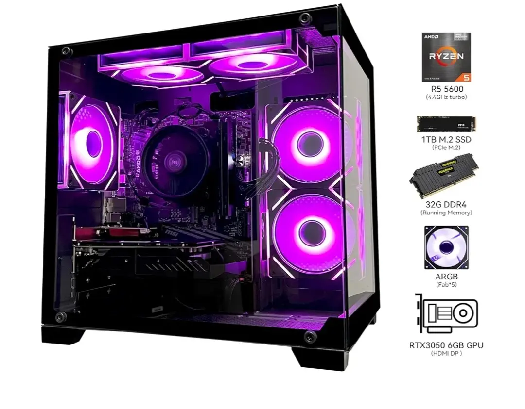 Ryzen R5 5600 1TB M.2 SSD 32G DDR4 ARGB RTX3050 6GB GPU Gaming PC Build with RGB Lighting and High-Performance Components