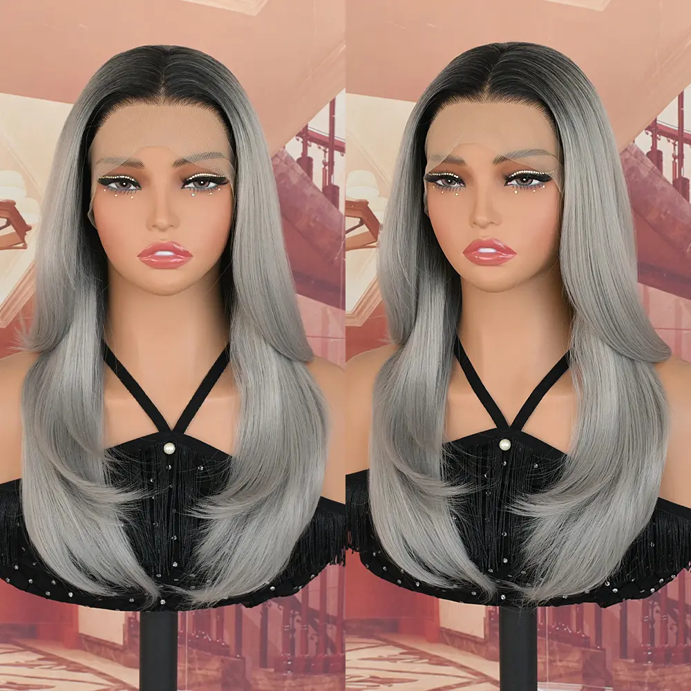 Lovestory Myra Ombre Gray Color Natural Straight Synthetic Lace Front Wigs Heat Resistant Glueless Lace Front Wig for Women 13x4 Free Part  Natural Hairline & Pre Plucked Lace Wigs