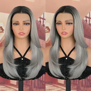 Lovestory Myra Ombre Gray Color Natural Straight Synthetic Lace Front Wigs Heat Resistant Glueless Lace Front Wig for Women 13x4 Free Part  Natural Hairline & Pre Plucked Lace Wigs