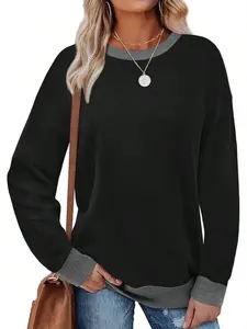 Elegant Women's Round Neck Long Sleeve Loose Fit Crop Top, Fashion Casual Style with Ribbed Collar Design, Perfect for Spring & Fall Seasons