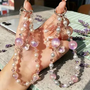 Luxury Pearl black texture shiny mobile phone chain, high-end female mobile phone decorative chain, female gift pendant, smart phone universal/fashion Joker.