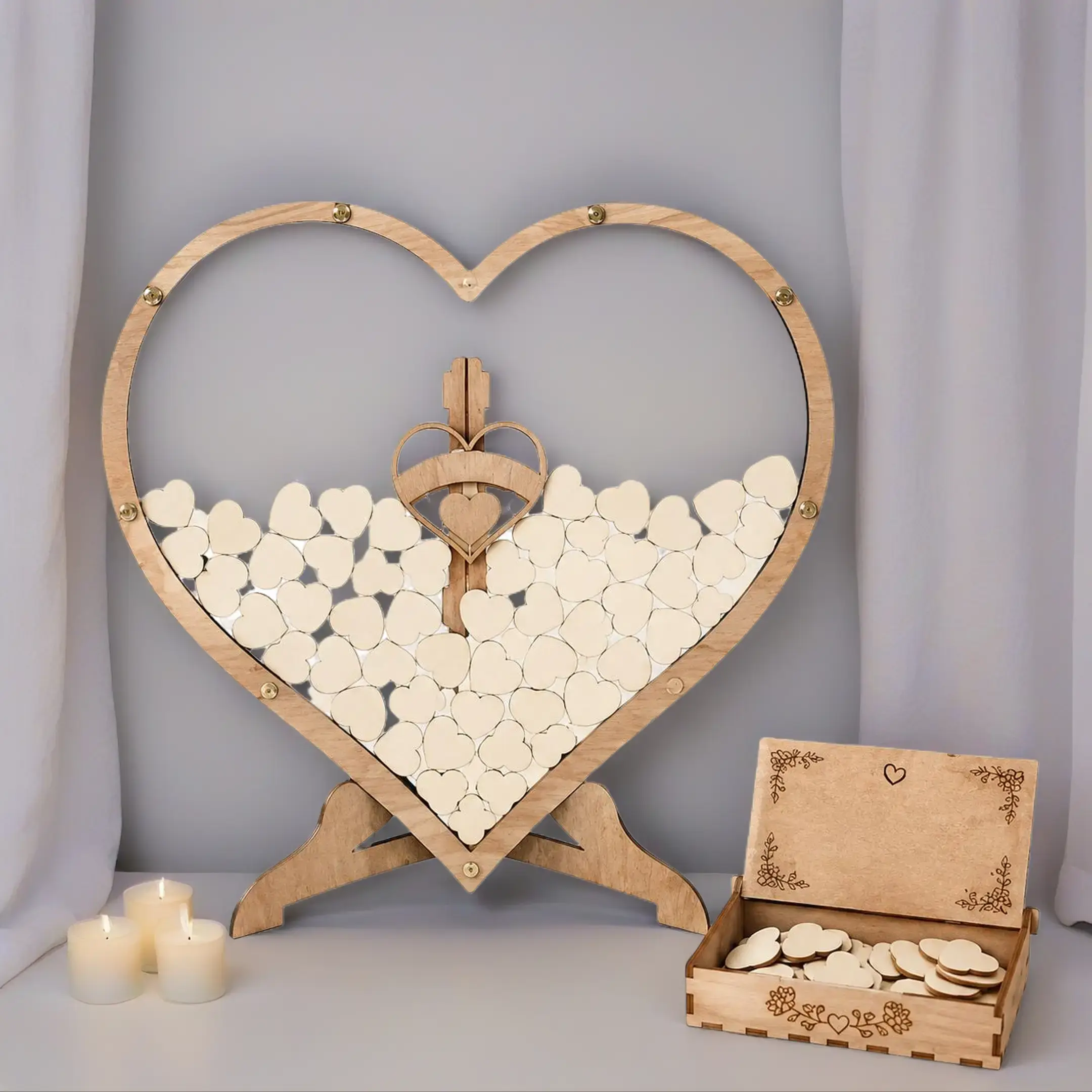 Wooden Heart-Shaped Signature Memory Box - Wedding Guest Book Alternative with Display Stand, Clasp Closure, Reception Table Sign-In Home Decor Accessory