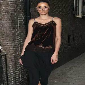 Aria Muse Women Fashion Velvet Lace Patchwork Sling Top Sleeveless V Neck Tank Tops 2026 Summer Trend High Street Lady Chic Tops