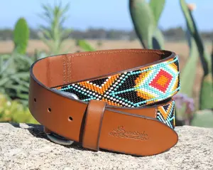 Beaded Leather Belt - Full Grain Leather, Genuine Leather, Western Style, Aztec Design, Ideal for Gift Giving