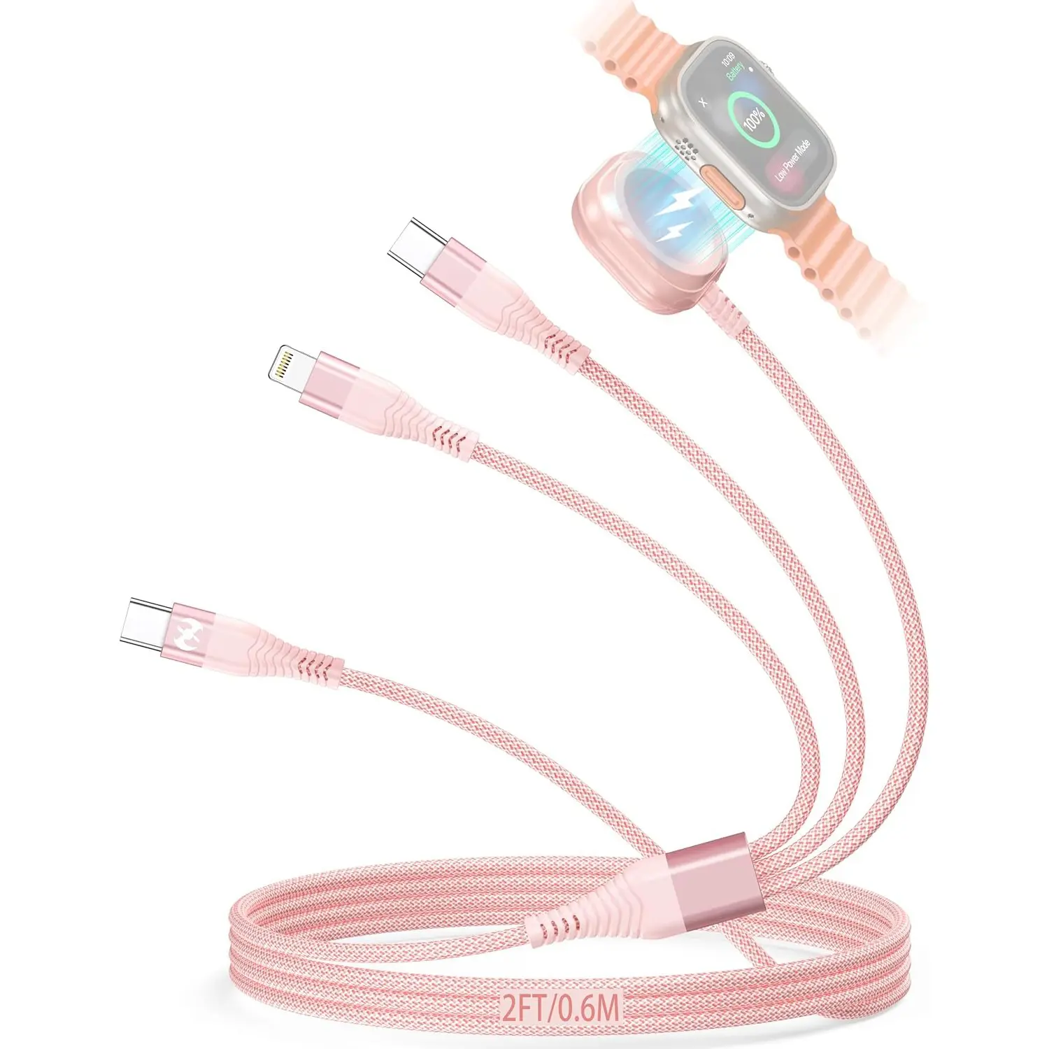 XNC 3-in-1 Watch Charging Cable 2FT, USB-A Input to Lightning + USB-C + Apple Watch Magnetic Charger, Nylon Braided Multi Charging Cord, Red/Pink Travel