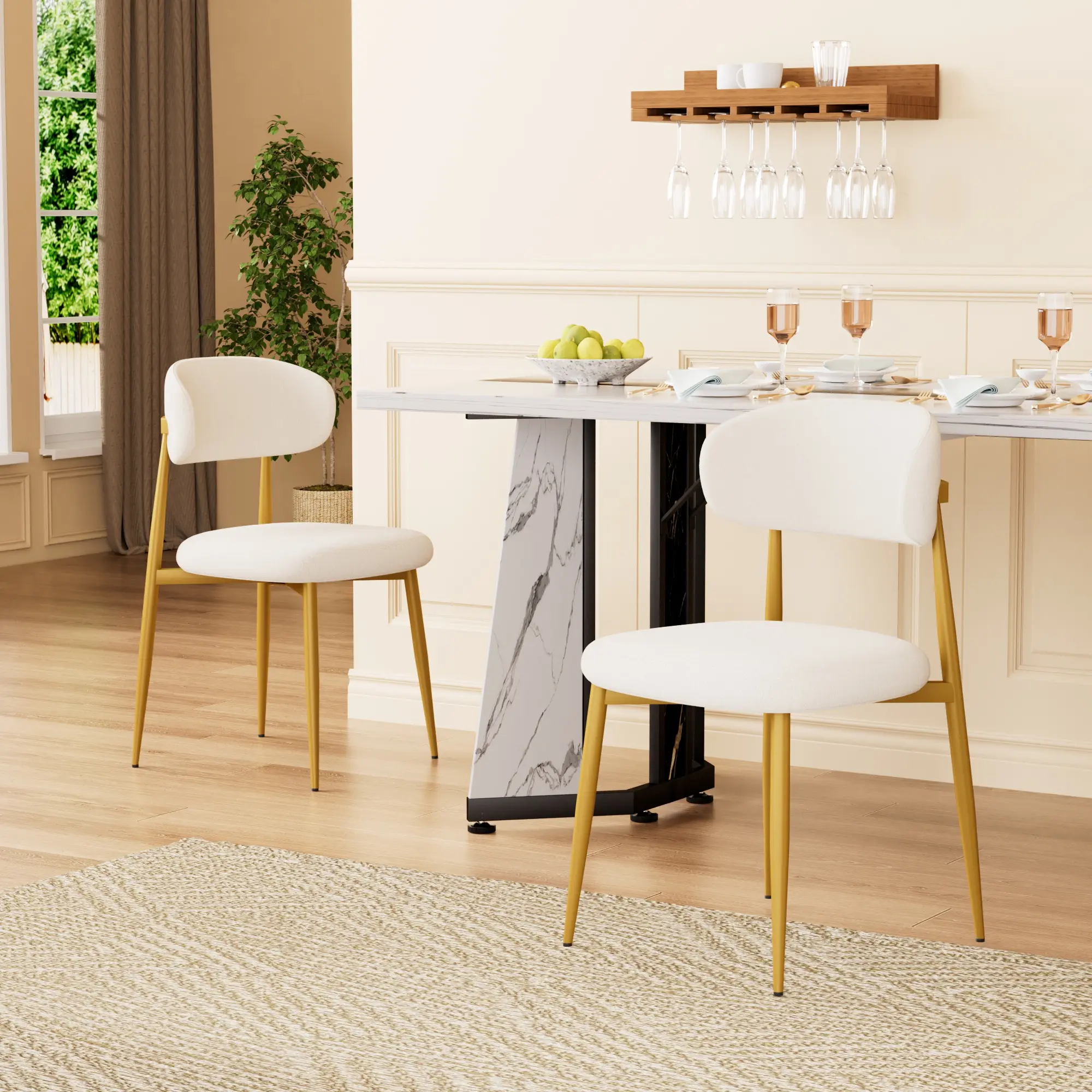 Set of 2 Dining Chairs with Soft Padding, Modern Kitchen Chairs with Curved Backrest & Metal Legs, Farmhouse Restaurant Side Chairs for Dining Room Kitchen Living Room