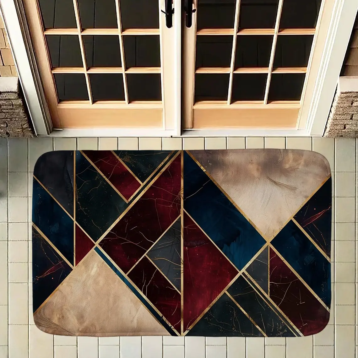 Luxury Marble Texture Doormat Modern Geometric Lines Welcome Mat Non Slip Absorbent Entrance Floor Rug Gold Foil Abstract Patchwork Area Carpet Front Door Indoor Outdoor Home Decor Art Foot Pad