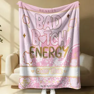 "Bad Bitch Energy" Pink Candy Floss Print Flannel Blanket, Stylish Aesthetic Throw Blanket, Soft Plush Warm Blanket, Versatile Cozy Blanket, Gift Blanket, Decorative Giftable Blankets, Perfect for Couch, Bed, Bedroom, Dorm & Office Decor