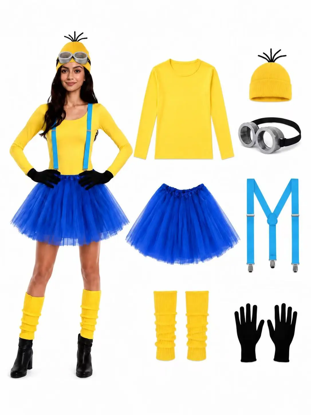Women's 7-Piece Matching Halloween Coordinated Costume Set - Polyester Knit Top, Tutu Skirt, Goggles, Socks, Hat & Accessories, Black Women's Halloween Outfit