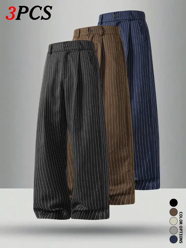 Men’s striped wide-leg long pants multipack, all-season loose casual design, versatile for everyday wear, comfortable long trousers