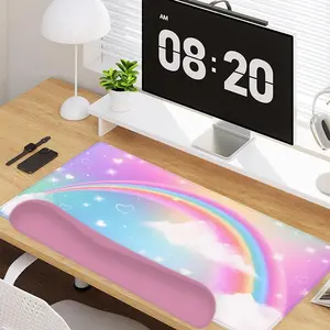 4 - in - 1 Rainbow Cloud and Heart Elements Large Gaming Mouse Pad + Keyboard Wrist Rest + Mouse Pad with Wrist Support + Coaster Set with Ergonomic Design for Home Office Table Computer, Rubber Base Mousepad with Stitched Edges, Easy Typing Pain Relief