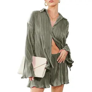 MNLYBABY Women's Shirt Shorts Set: High-Quality Polyester Fiber, Soft & Breathable, Elastic Fabric, Pleated Design, Casual Loungewear, S-XXL Sizes, Green Color, Perfect for Leisure, Daily Wear, Home, Outdoor, Party Beach Birthday