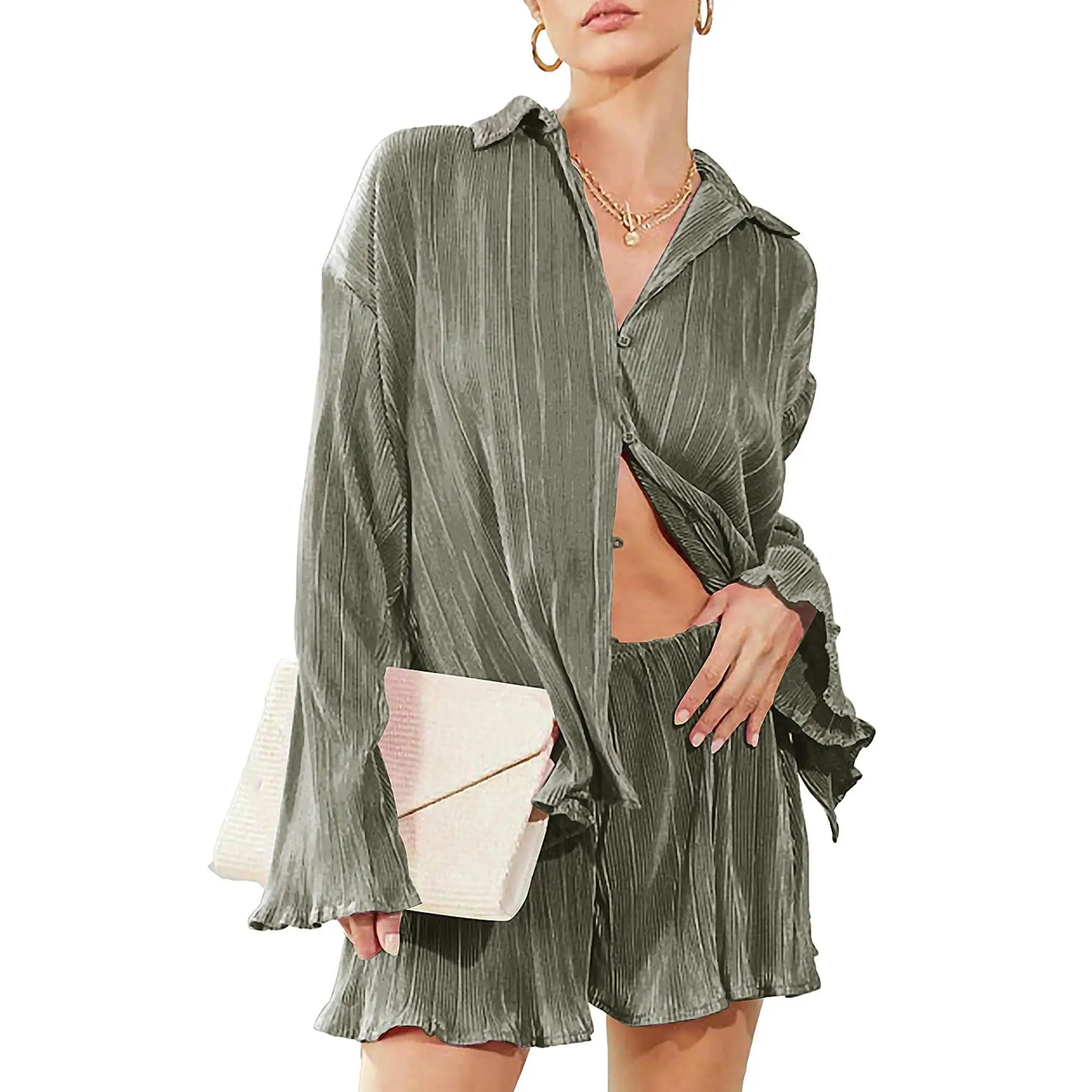 MNLYBABY Women's Shirt Shorts Set: High-Quality Polyester Fiber, Soft & Breathable, Elastic Fabric, Pleated Design, Casual Loungewear, S-XXL Sizes, Gr