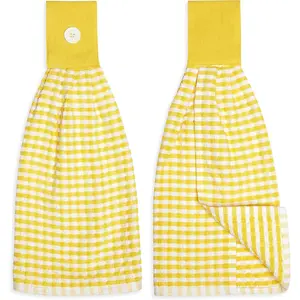 Gingham Check Terrycloth  Kitchen Hand Towel  with Button Accent, Set of 2 ( Yellow)