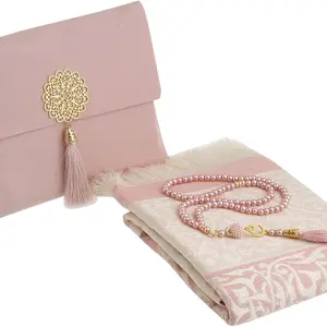Muslim Prayer Rug with Tasbih and Portable Bag, Muslim Gift for Women Men, Mubarak Islamic Box, Soft Mat Islam Gifts Set, Turkish Sajadah for Ramadan, Eid, Hajj, Travel, Pray (Powder Pink)