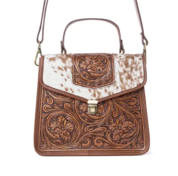 Duchess Hairon Handtooled Flap and Button Leather Satchel in Mocha Cream by Myra