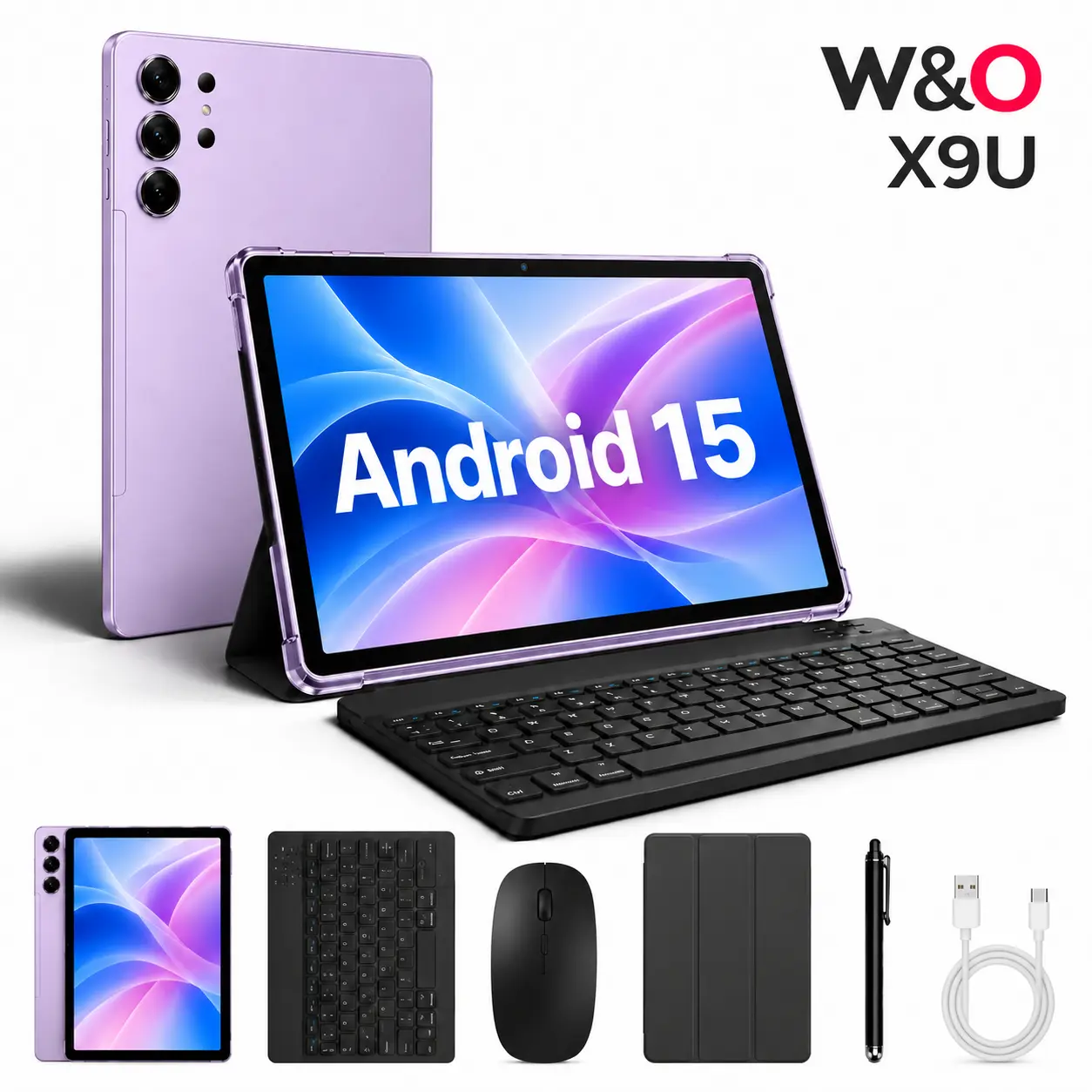 W&O X9U 11" Tablet, Android 15, 12GB RAM + 256GB Storage, 10000mAh Long Battery Life, GPS, 5G Network, Keyboard Stylus Mouse Bundle for Study, Office, Streaming & Travel